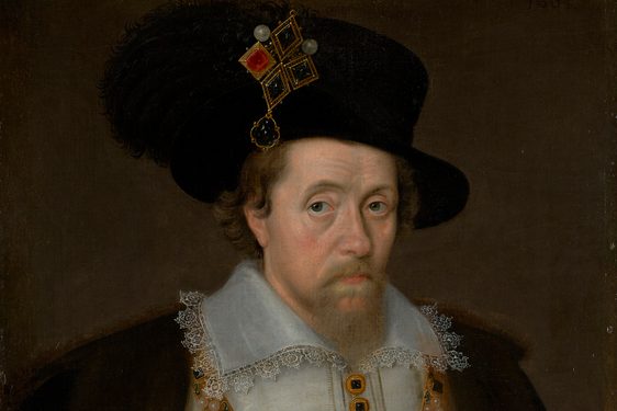 A painting of a man from the waist up  with brown wavy hair and a mustache and goatee. He wears a black hat with a jewelled brooch and a white jacket with a lace collar under a black cloak.