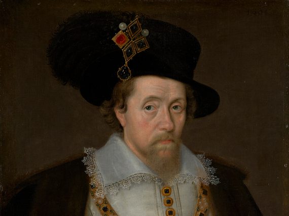 A painting of a man from the waist up  with brown wavy hair and a mustache and goatee. He wears a black hat with a jewelled brooch and a white jacket with a lace collar under a black cloak.
