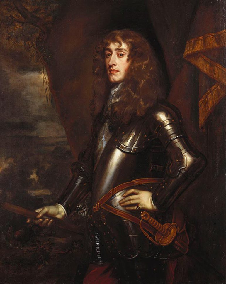A portrait of a man set against draped red curtain background, dressed in black armour, turned sideways to the left side, wearing a shoulder length brown curly wig, with his left arm placed on the hip and holding a baton with his right arm.