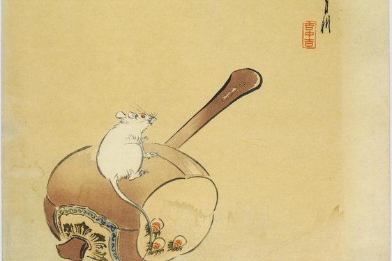 A Japanese woodblock print showing a white mouse sitting on the head of a mallet.