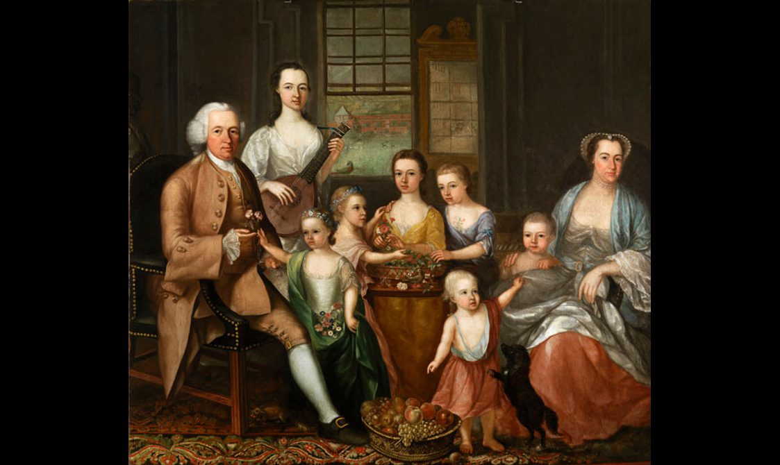 A painting displaying a group of nine people, three adults and six children, two seated in each corner, one standing and holding a musical instrument and others situated in various poses in the middle of the painting.