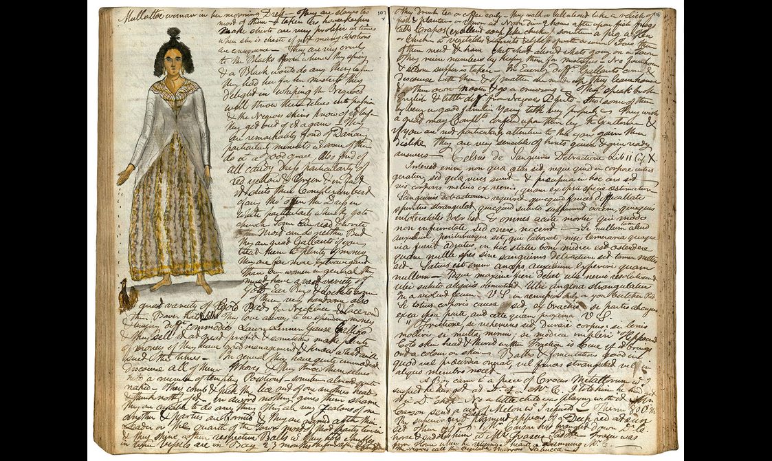 A caption of two pages from a handwritten diary with an illustration of a woman in a period dress in a left top corner.