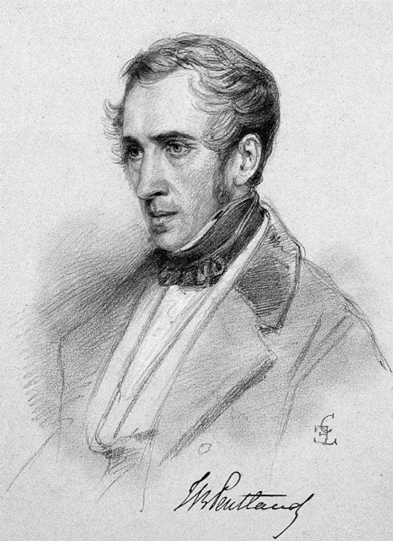 A black and white pencil drawing of a man from the shoulders up. He has short hair and is wearing a high neck shirt with a jacket. There is an artist's signature in the bottom right of the drawing.
