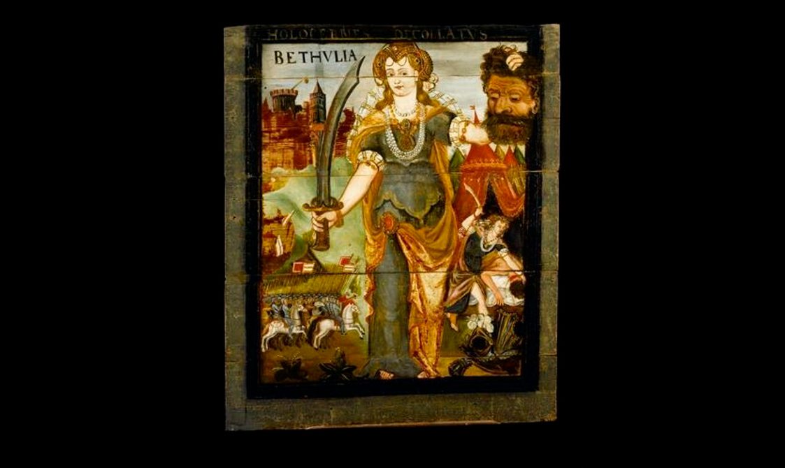 Colourful painted ceiling panel depicting Judith with the head of Holofernes