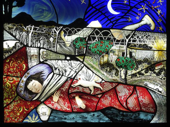Painted glass portrait of a sleeping figure wrapped in a red lace patterned blanket. there are barbed wire fences in the background, a pair of running legs, and a tree, moon and stars on a night sky.