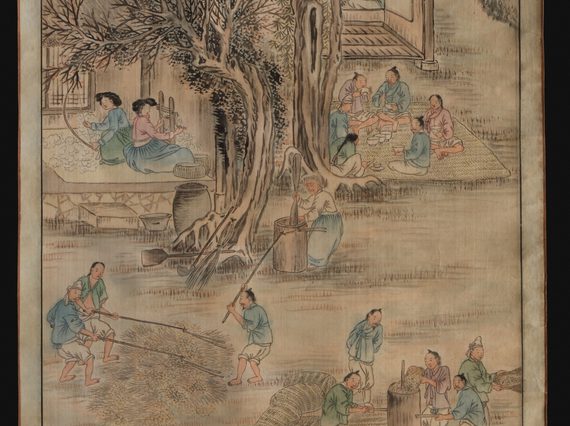 Close up of a section of paper scroll showing illustrations of people washing clothes and others sitting on a blanket under a tree eating.
