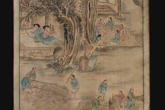 Close up of a section of paper scroll showing illustrations of people washing clothes and others sitting on a blanket under a tree eating.