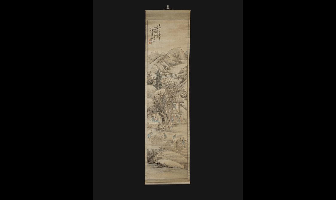A long open scroll of yellowing fabric depicting a landscape with figures engaged in agricultural activities including harvesting corn, making rice flour, and drinking.