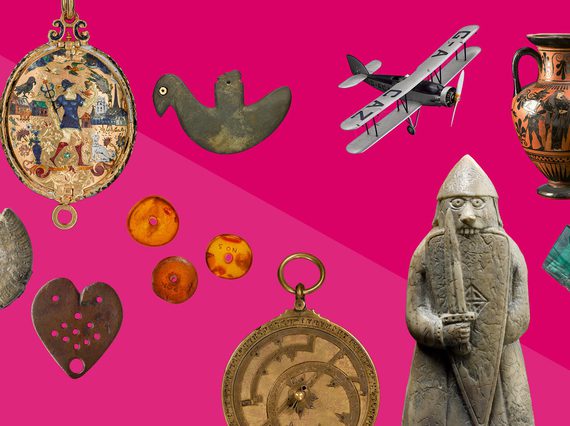 A graphic of a group of objects from the National Museums collections on a two-tone pink background.
