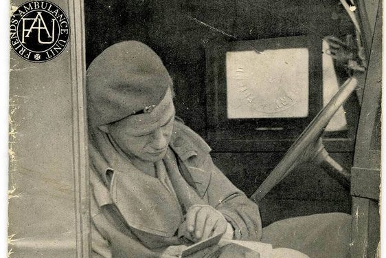 A poster advertising the Friends Ambulance Unit. A member of the unit is sitting in an ambulance with the door open, writing a note.