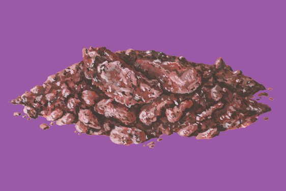 An illustration of a brown and red clump of rocks against a bright purple background