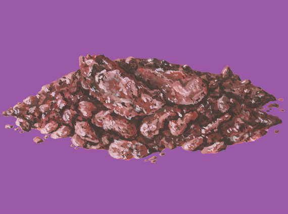 An illustration of a brown and red clump of rocks against a bright purple background