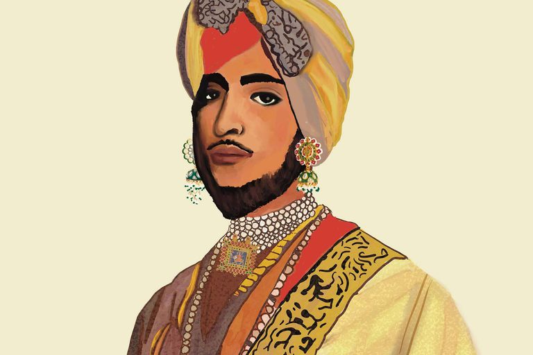 A colourful illustration of Duleep Singh wearing yellow robes and a yellow turban.
