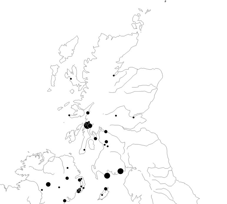 A line drawn map of Scotland, Northern Ireland, and the Isle of Man with black dots on various locations