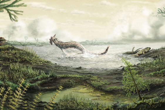 Perhistoric animals emerging from a body of water onto a wild, green landscape