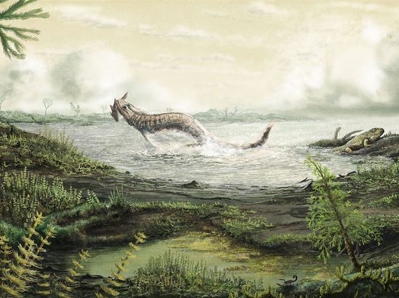 Perhistoric animals emerging from a body of water onto a wild, green landscape