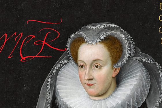 A detail of a woman wearing a white ruffled collar and a white lace headpiece and veil.