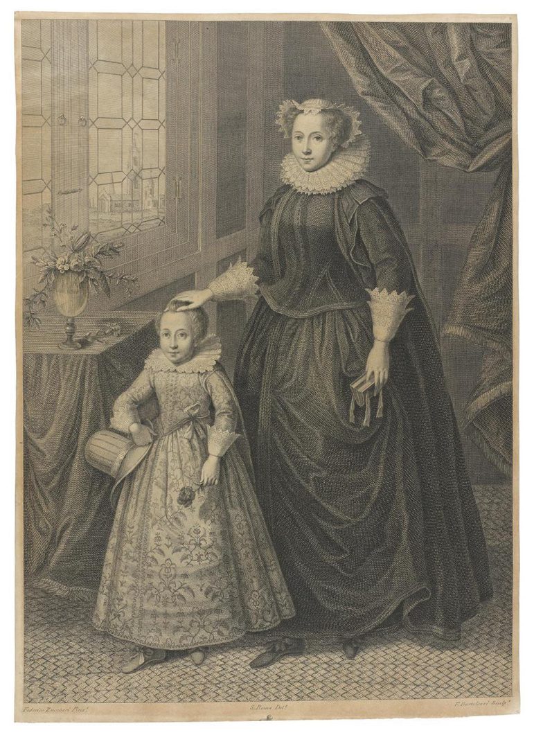 A black and white engraving of a woman in a dark corset, skirt, and cloak with a ruffled white collar and sleeve, resting her hand on a small child wearing an elaborate dress with a lace collar and sleeves. They are in a room with patterned window, thick drapes and a table with flowers.
