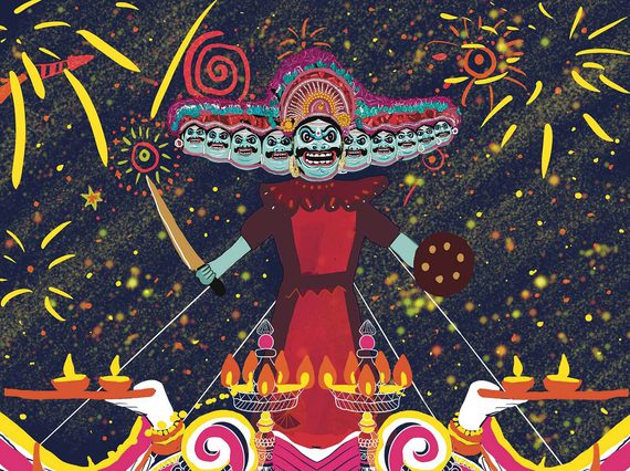 A colourful illustration of the ten-headed demon king Ravana