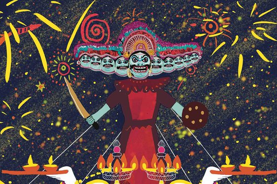 A colourful illustration of the ten-headed demon king Ravana