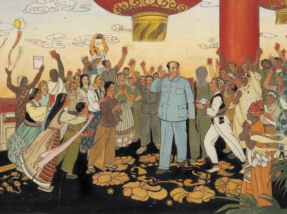 A lacquer plaque of lots of different people waving small red books in the air gathering around Chairman Mao.