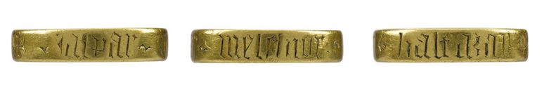 Three views of a gold ring with inscription reading CASPAR, MELCHIOR, BALTAZAR