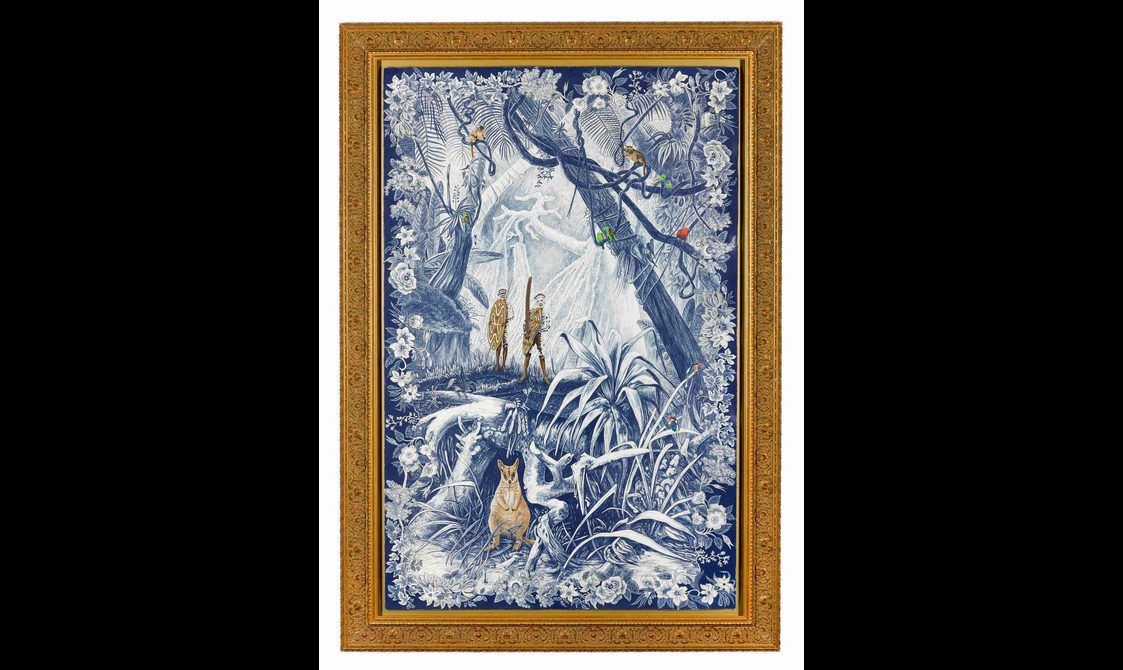 A painting of a forest with two people holding tribe shields. There are animals in the trees