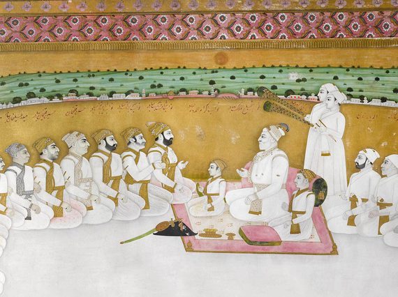 A painting of a court meeting in Bengal. Figures are kneeling down around the court. Three central figures are kneeling on a pink carpet.