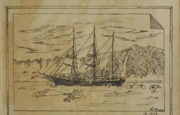 A sketch of an expedition boat in a sketchbook.