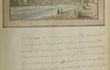 A page with an illustration of Devorgilla Bridge in Dumfries and a written description underneath.