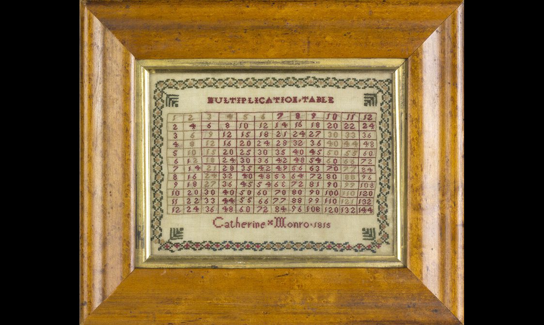 A framed piece of needlework showing a multiplication table of numbers.
