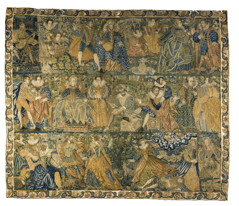 A tapestry from the 1500s depicting various scenes of figures and royalty