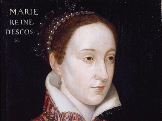 Portrait of Mary, Queen of Scots dressed in a vivid pink doublet lined with gold and pearls, looking stoically ahead against a black background.