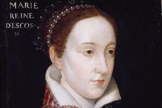 Portrait of Mary, Queen of Scots dressed in a vivid pink doublet lined with gold and pearls, looking stoically ahead against a black background.