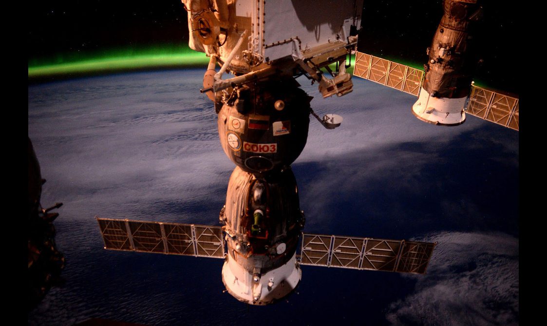 A spacecraft orbiting earth.