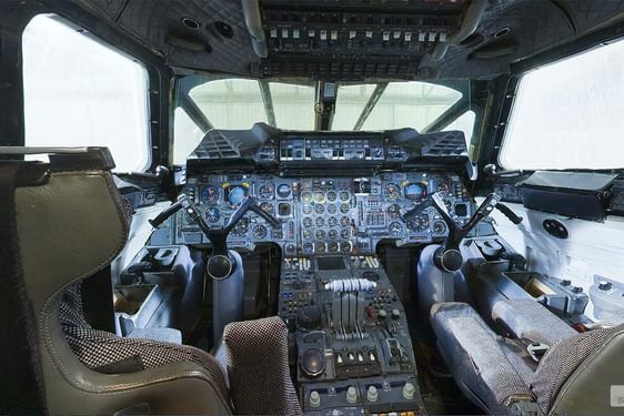 Inside of a cockpit of a Concorde aircraft.