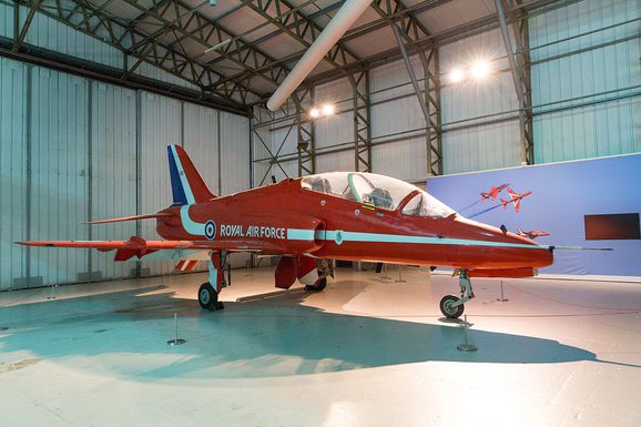 A Red Arrows Hawk aircraft on display at the National Museum of Flight.
