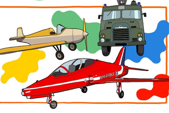 A colourful illustration of three vehicles, including a yellow aircraft, a red aircraft, and a green truck. There are colourful splatters in the background.