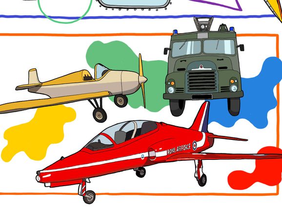 A colourful illustration of three vehicles, including a yellow aircraft, a red aircraft, and a green truck. There are colourful splatters in the background.