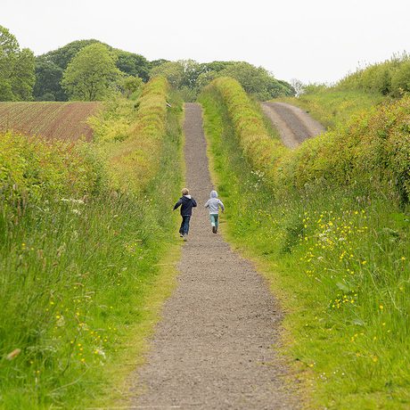 Two children run down a hedge-lined path ion the countryside.