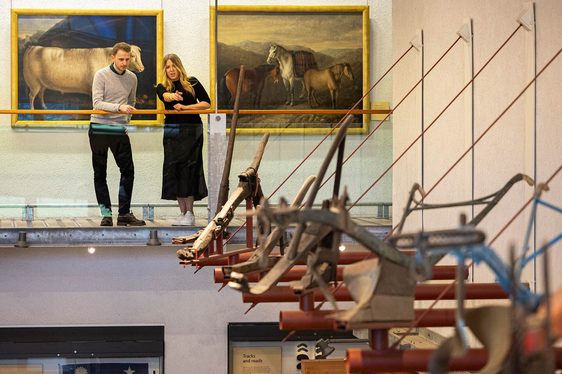 Two curators looking at a row of farming equipment hanging on the wall of the Tools gallery at the National Museum of Rural Life.