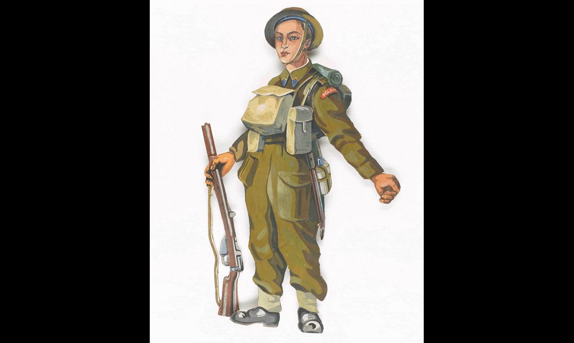 A male figure dressed in khaki color military uniform and a hat holds a rifle with the right hand. White bags are hung on his chest and back.