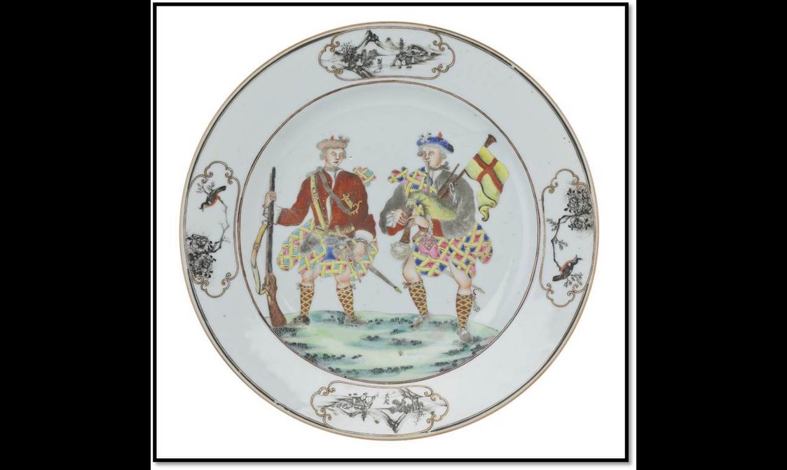 Four landscape decorations with bird, tree branch and mountain motifs to the edge. Two male figures dressed in green, blue, red, yellow kilts, one dressed in red coat is holding a rifle, and another in grey coat is playing a bagpipe.