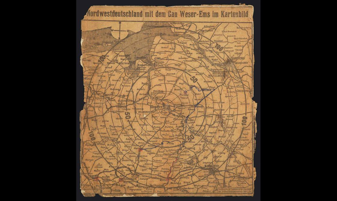 An old map of Northwest Germany showing the location of a prisoner of war camp.