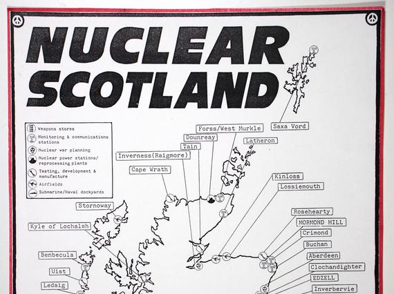 A black and white map with a red border noting the sites of nuclear power and nuclear weapons in Scotland