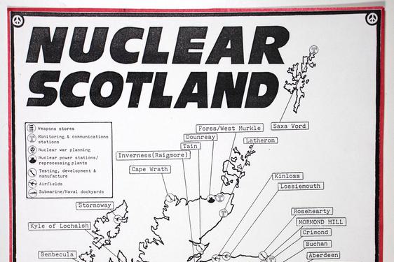 A black and white map with a red border noting the sites of nuclear power and nuclear weapons in Scotland