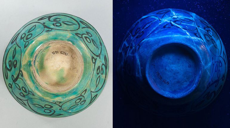 Side by side exmples of the base of a teal ceramic bowl. The left hand image is a normal photograph and the right hand image is the bowl under UV lights.