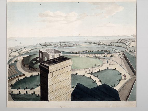 Aquatint of a view from Calton Hill, Edinburgh, including an observatory in the foreground and the water in the distance.