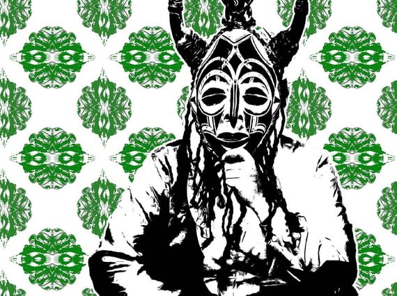 An abstract printed scene, showing the figure of a person sat down, holding a mask with horns up to their face. The person is printed in black ink, and is set against a background of bright green circular shapes.