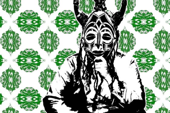 An abstract printed scene, showing the figure of a person sat down, holding a mask with horns up to their face. The person is printed in black ink, and is set against a background of bright green circular shapes.